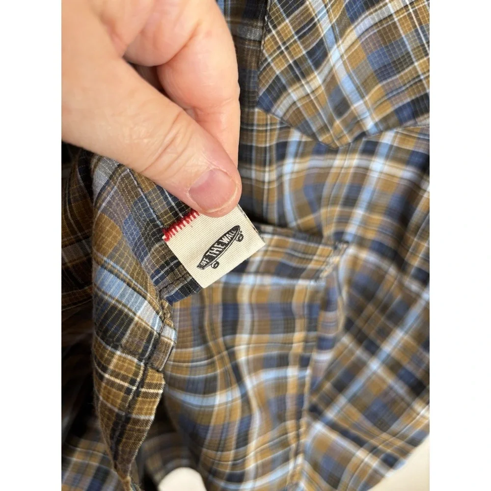 Vintage Vans Custommade For You Mens Size M Blue Brown Plaid‎ Pearl Snap Shirt